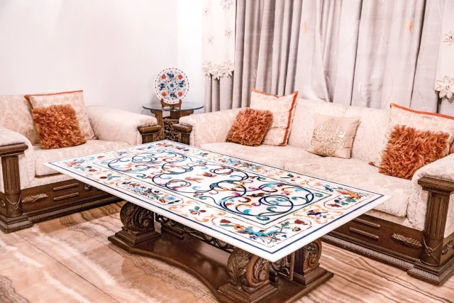 Marble Centre Tabletop Handcrafted Dining Table Inlay with Multi Color Floral Design Work