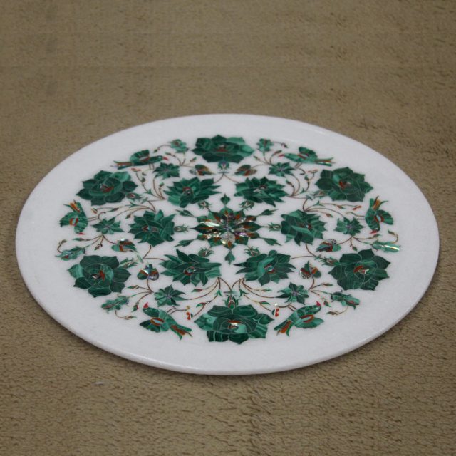 Beautiful Malachite Wall Plate Inlaid With Semi Precious Gemstones, Floral Design Work Handmade Serving Plate For Home Decor 12" x 12" Inch