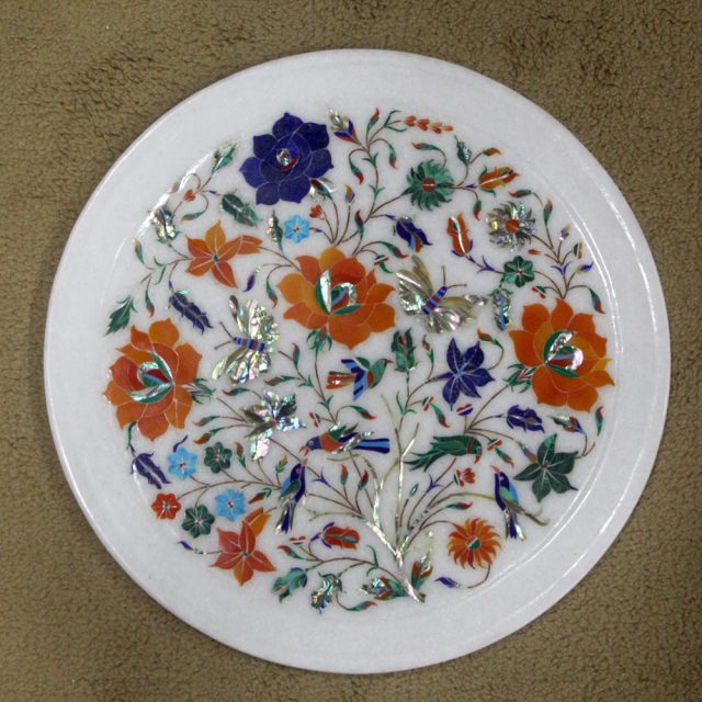 Decorative Wall Plate, White Marble Inlaid With Semi Precious Gemstones, Floral Pietra Dura Inlay Craft Work, Handmade Serving Plate 12"