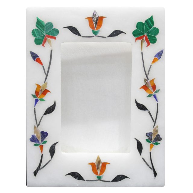 Indian Stone Art White Alabaster Marble Inlay Photo Frame