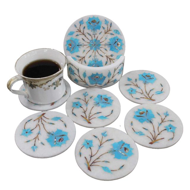 Turquoise Gemstone Inlaid White Marble Coaster Set