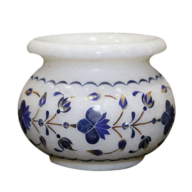 Handmade White Marble Flower Pot Inlaid Lapis Lazuli