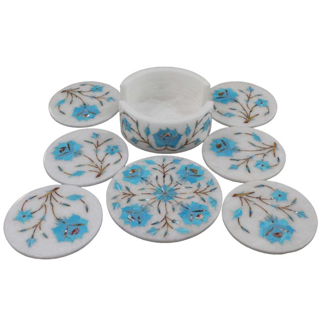 Turquoise Gemstone Inlaid White Marble Coaster Set