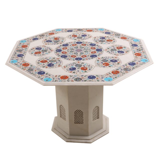 Floral Design Inlay Octagonal White Marble Top Coffee Table