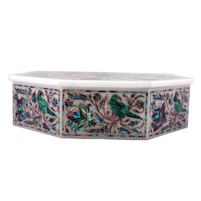 Octagonal White Marble Antique Jewelry Box Inlaid Malachite Gemstone