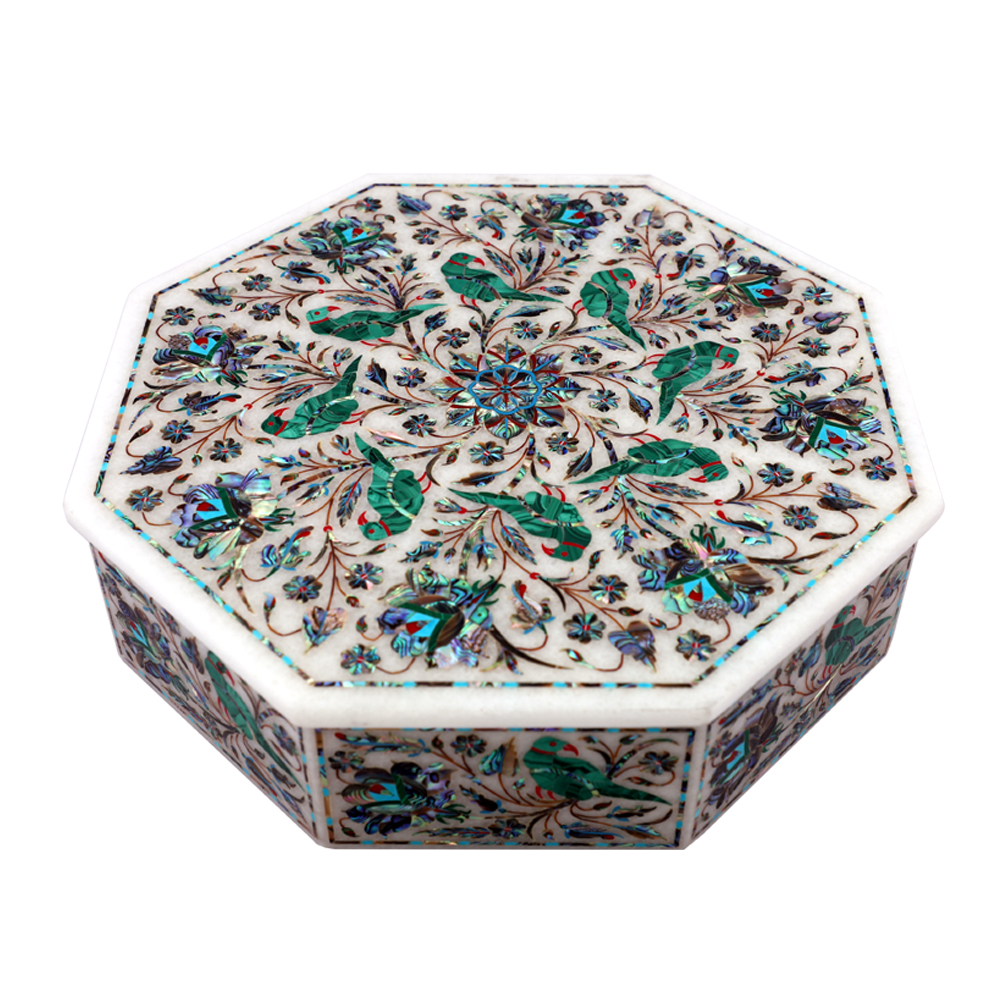 octagonal white marble antique jewelry box inlaid parrot design-1000x1000