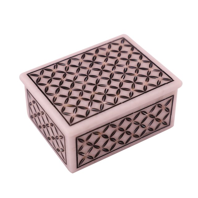 Rectangular White Marble Antique Jewelry Box Inlaid With Black Onyx Gemstone