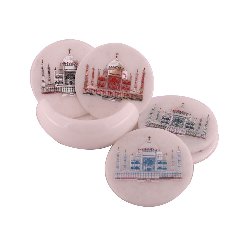 taj mahal inlay round white marble coasters-1000x1000