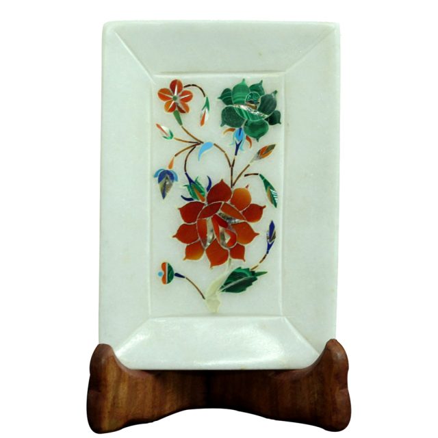 Beauiful Flower Inlaid White Marble Decorative Tray