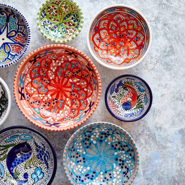 Collection of empty moroccan colorful decorative ceramic bowls